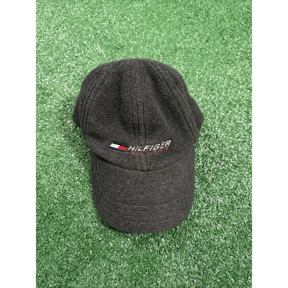 Vintage Tommy Hilfiger‎ Athletics Fleece Cap Hat Black Logo Adjustable Rare